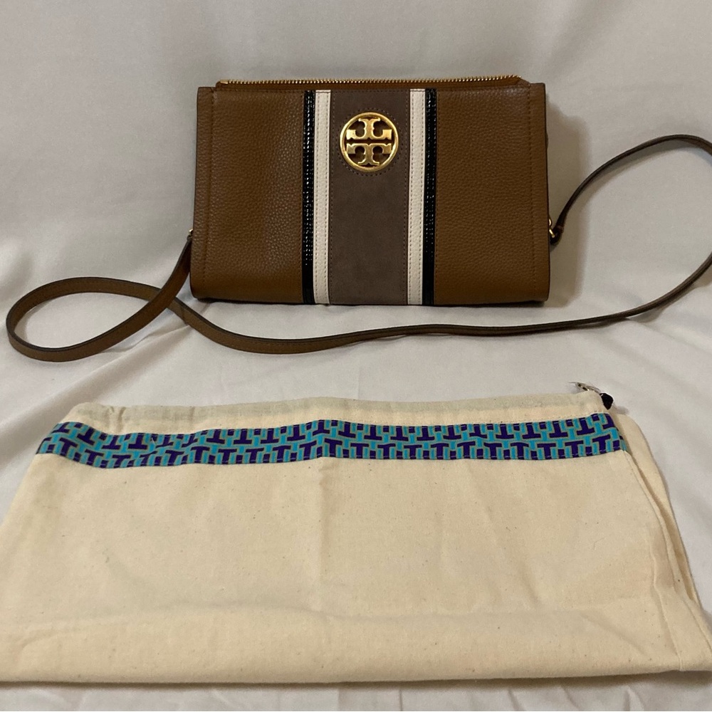 Tory Burch Tan and Cream Crossbody with Gold Emblem